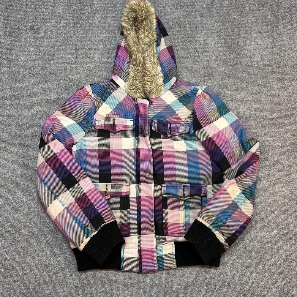 Roxy Jacket Womens Large Multicolor Plaid Hooded Faux Fur Bomber Insulated Ski
